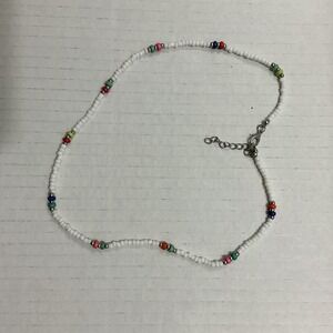 White Seed Bead Choker Necklace Colorful Accents Adjustable Trendy